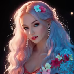 a woman with blonde hair and blue eyes wearing colorful flowers