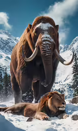 two large animals standing in the snow beside each other