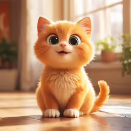 a cute cat with big eyes sits on the floor