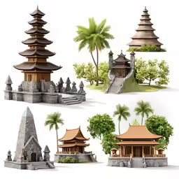 several different kinds of asian buildings, including two pagodas