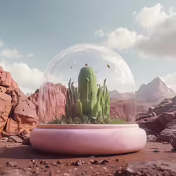 a cactus in the desert sitting under a glass ball