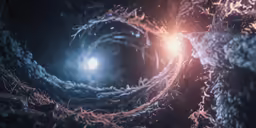 a computer generated, very dark scene with an object glowing at the end