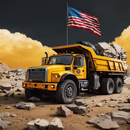 a big yellow dump truck on a rocky terrain,a yellow truck with a flag on the back of it