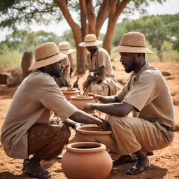 men in hats sitting around a large bowl