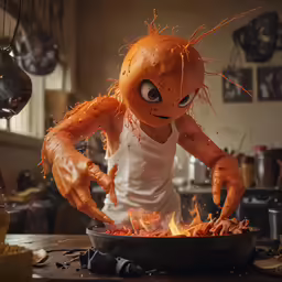 an evil looking child is cooking some food