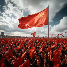 a large group of people standing under red flags