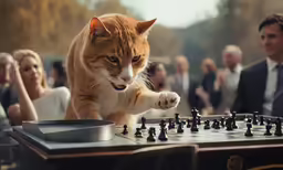 an orange cat plays with chess on a table
