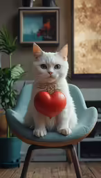 a white cat holding a heart sitting in a blue chair