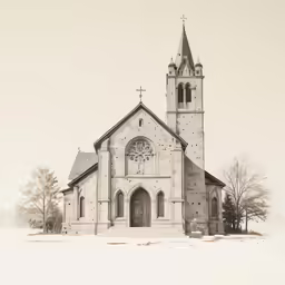 black and white photo of the front view of an old church