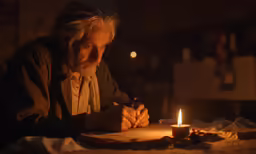 an older man lighting a candle at a table