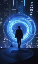 man in front of a circular artwork of the city