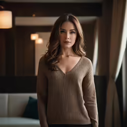 a woman in a brown sweater poses for a photograph