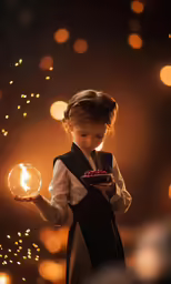 a young girl wearing a long sleeved dress looks at a glass ball