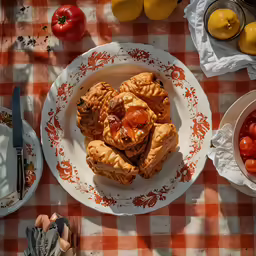 an overhead view of a table with pies and plates