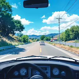 an image from the front seat looking at a car driving on the road