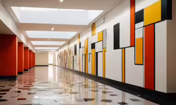 an image of an empty hallway with art work