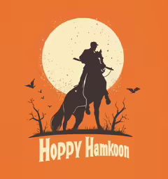 an orange shirt has a man riding a horse and bats flying around