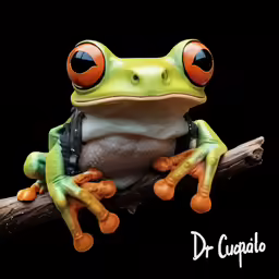 a green frog with red eyes sitting on a branch