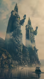 an image of the giant statues in the ocean,an alien like city surrounded by fog on water