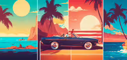 an old vintage car sits on the shore of the ocean near a mountain,a couple sitting in the back of a car on the beach