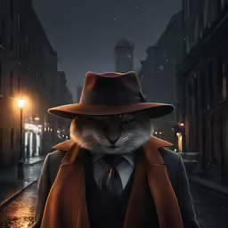 a cat dressed in a top hat and coat is walking down the street