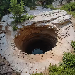 a hole in the rocks surrounded by trees and bushes