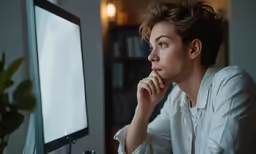 the man is looking at a monitor screen with his hand in his chin