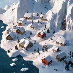 an aerial view of a small mountain town with snow covered ground