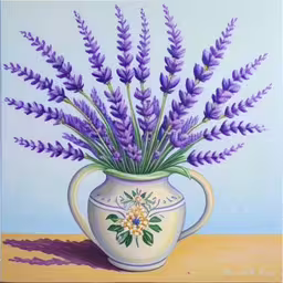 lavender colored vase with flowers on light wooden surface