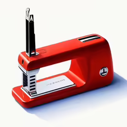 a red kitchen stapler sitting on top of a table