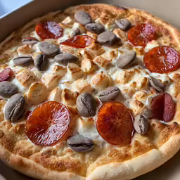 pizza with red pepperoni, mushrooms, and oranges