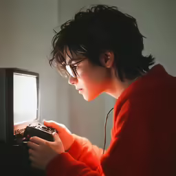 an asian boy playing with an old fashioned game system