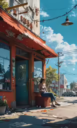 a person sitting on a bench near a building