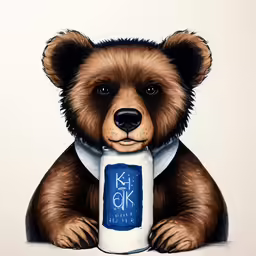 a bear holds a beer while sitting in front of a wall