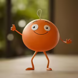 a plastic orange with big eyes giving the thumbs up