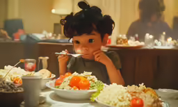 a small girl sitting at a table with food on it