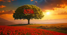 a tree on a hill at sunset with the words extraexnat written above it,a tree with the words express extra on it