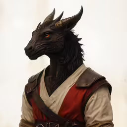 a large black horned monster with a red shirt on