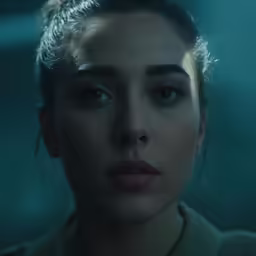 a girl with frecks, a topknot and bangs on her head in the dark