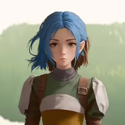 a girl with blue hair, wearing a dress