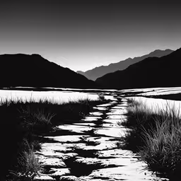a long path with some water coming out,a black and white image of a river running through a mountain range