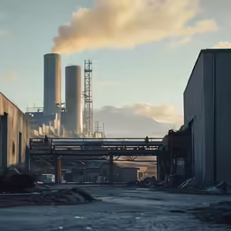 a factory in the middle of a dirty field