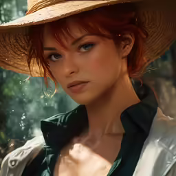 a beautiful young lady with red hair in a cowboy hat