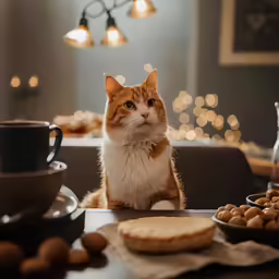 an orange and white cat sits next to some food on the table