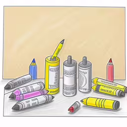 a pencil, crayons and markers on a table,crayons and markers on table with paper,the painting shows crayons and other color - changing items,a drawing of crayons and crayons with a wooden background,a drawing with markers, crayons and markers next to each other