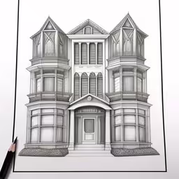 a drawing of a building with windows, a door and lots of balconies,a drawing of a house with windows and balconies