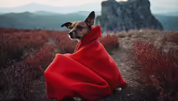 a small dog that is sitting on a dirt trail