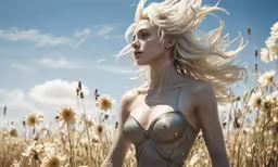 woman in bikini with a field of wildflowers