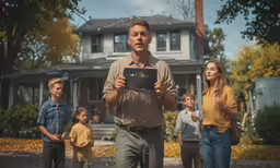 the family of a man is standing in front of a house