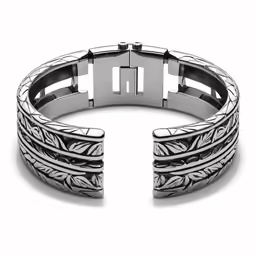 an intricately designed stainless bracelet with metal elements